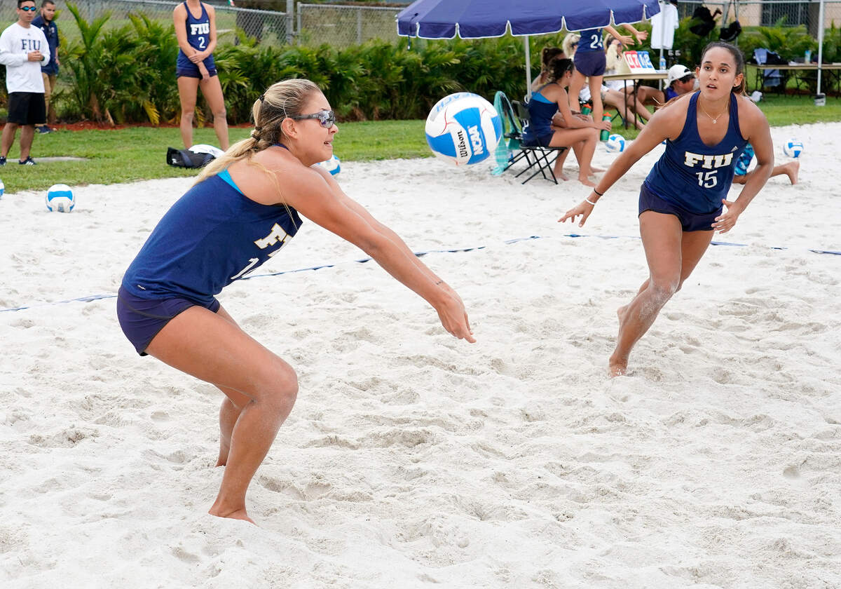 MIAMI, FL - FEBRUARY 27: FIU’s Natalia Giron (14) plays during a college beach volley ball match between the Florida Atlantic University Owls and the Florida International University Panthers on February 27, 2018 at Miami, Florida. FIU defeated FAU 3-2.
