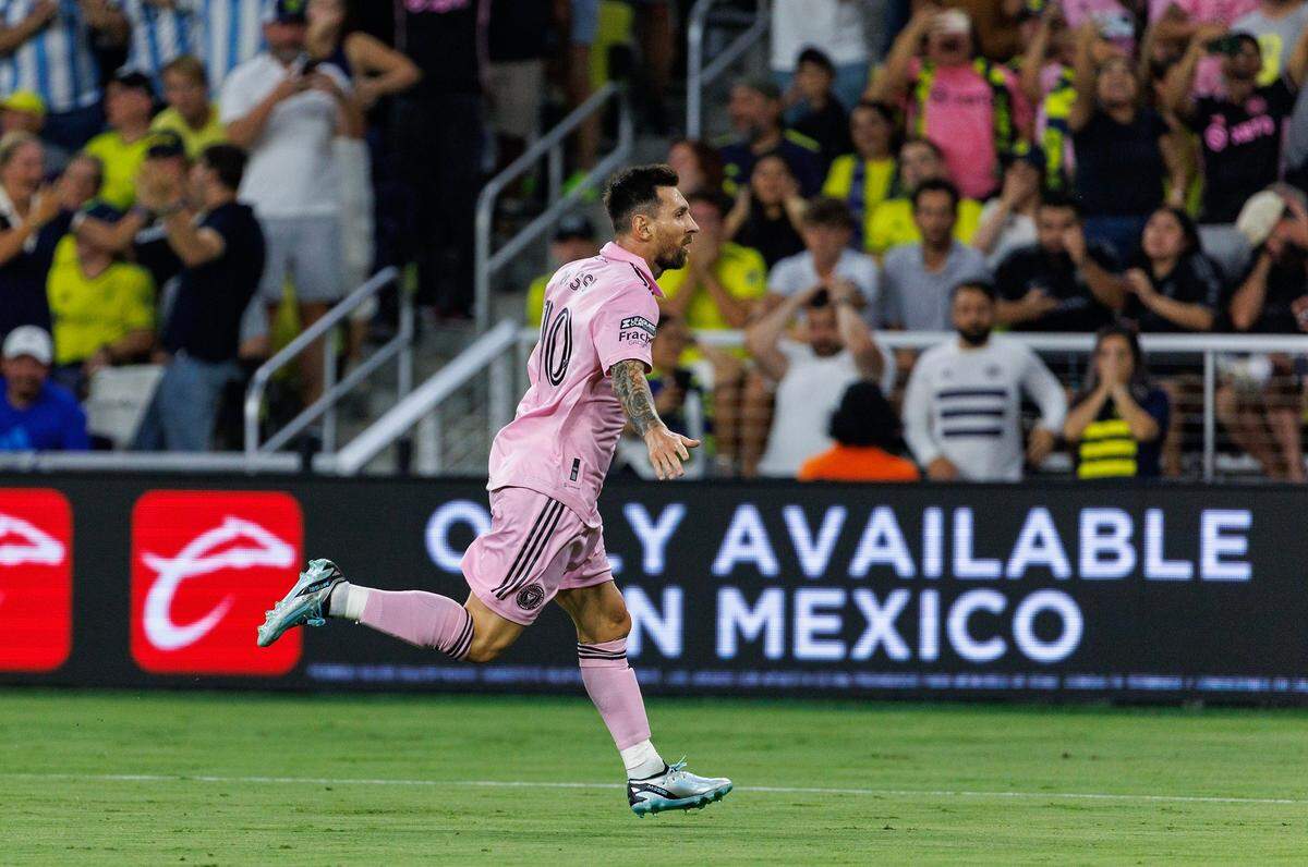Lionel Messi reacts after scoring a goal against Nashville SC during the first half of their Leagues Cup final match. Messi has scored in every match he’s played for Inter Miami.