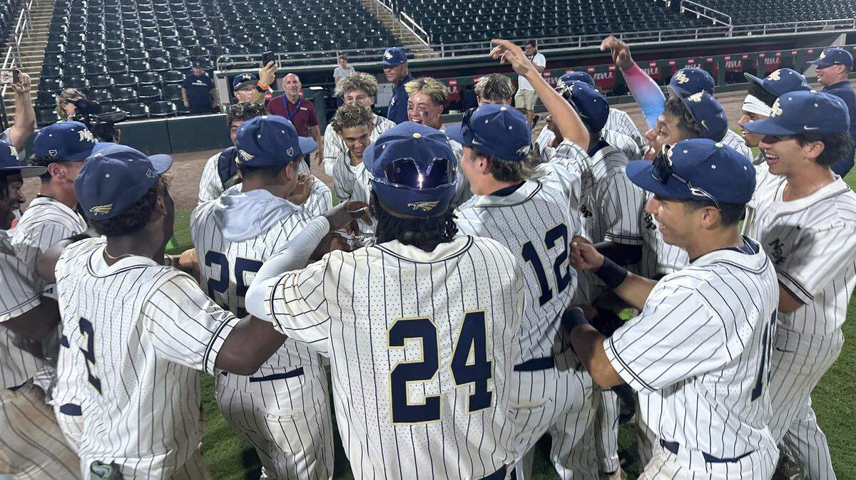 North Broward Prep baseball players celebrate after defeating Bushnell South Sumter in a Class 3A state semifinal on Wednesday at Hammond Stadium in Fort Myers, Fla.
