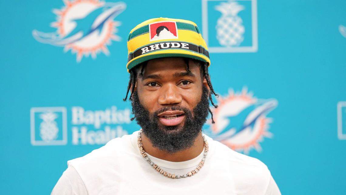Miami Dolphins cornerback Xavien Howard meets with reporters at the Baptist Health Training Complex in Miami Gardens, Florida on Wednesday, April 6, 2022.