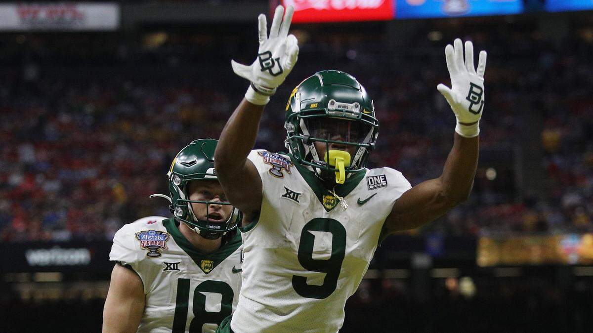 Baylor wide receiver Tyquan Thornton (9) celebrates a touchdown reception against Mississippi during the Allstate Sugar Bowl at Caesars Superdome on Jan. 1, 2022, in New Orleans. (Sean Gardner/Getty Images/TNS)