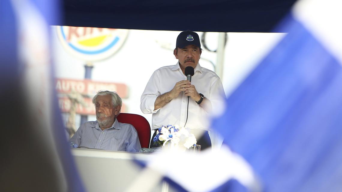 Nicaragua's President Daniel Ortega speaks to supporters in Las Victorias square in Managua, Nicaragua, Monday, April 30, 2018. Ortega withdrew the social security overhaul that sparked deadly protests and agreed to meet with different sectors of society in a national dialogue mediated by the church. Nicaragua's Permanent Commission on Human Rights said the protests left at least 63 people dead, 15 missing and more than 160 wounded by gunfire.