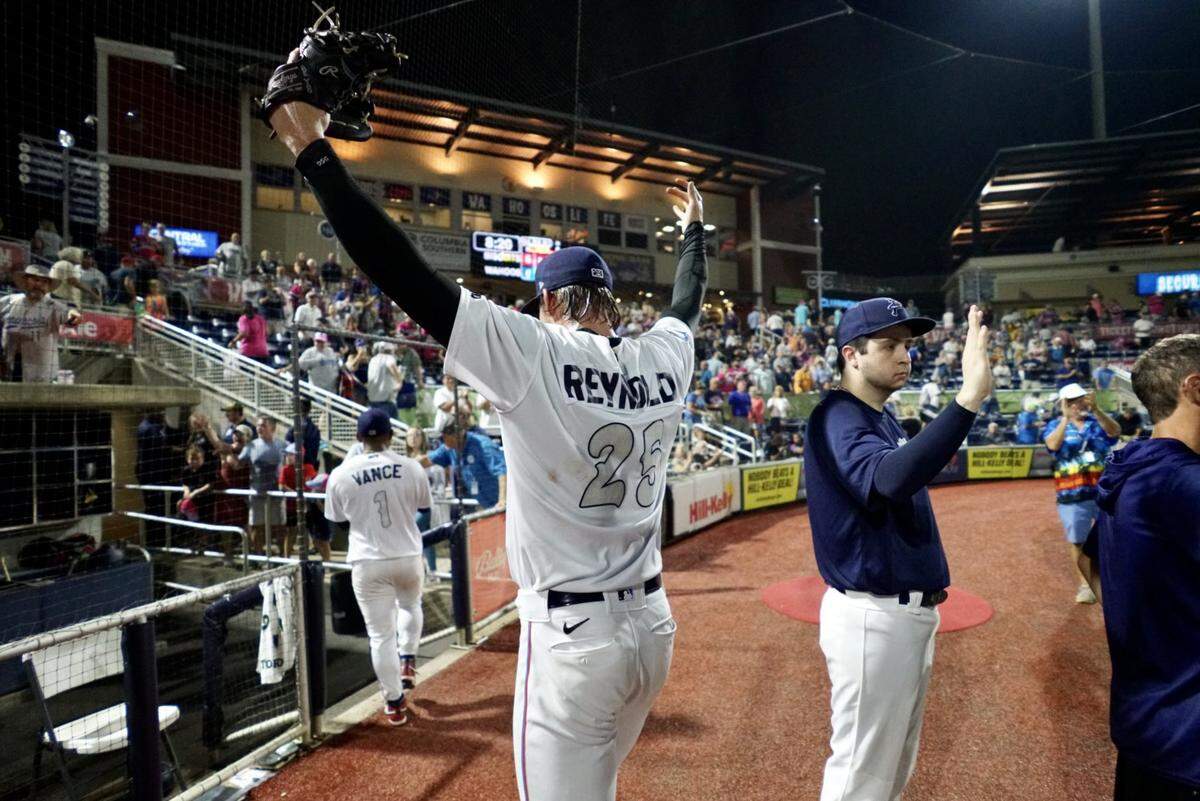 Pitcher Sean Reynolds celebrates after closing out the Pensacola Blue Wahoos’ win over the Montgomery Biscuits on Thursday, Sept. 22, 2022.
