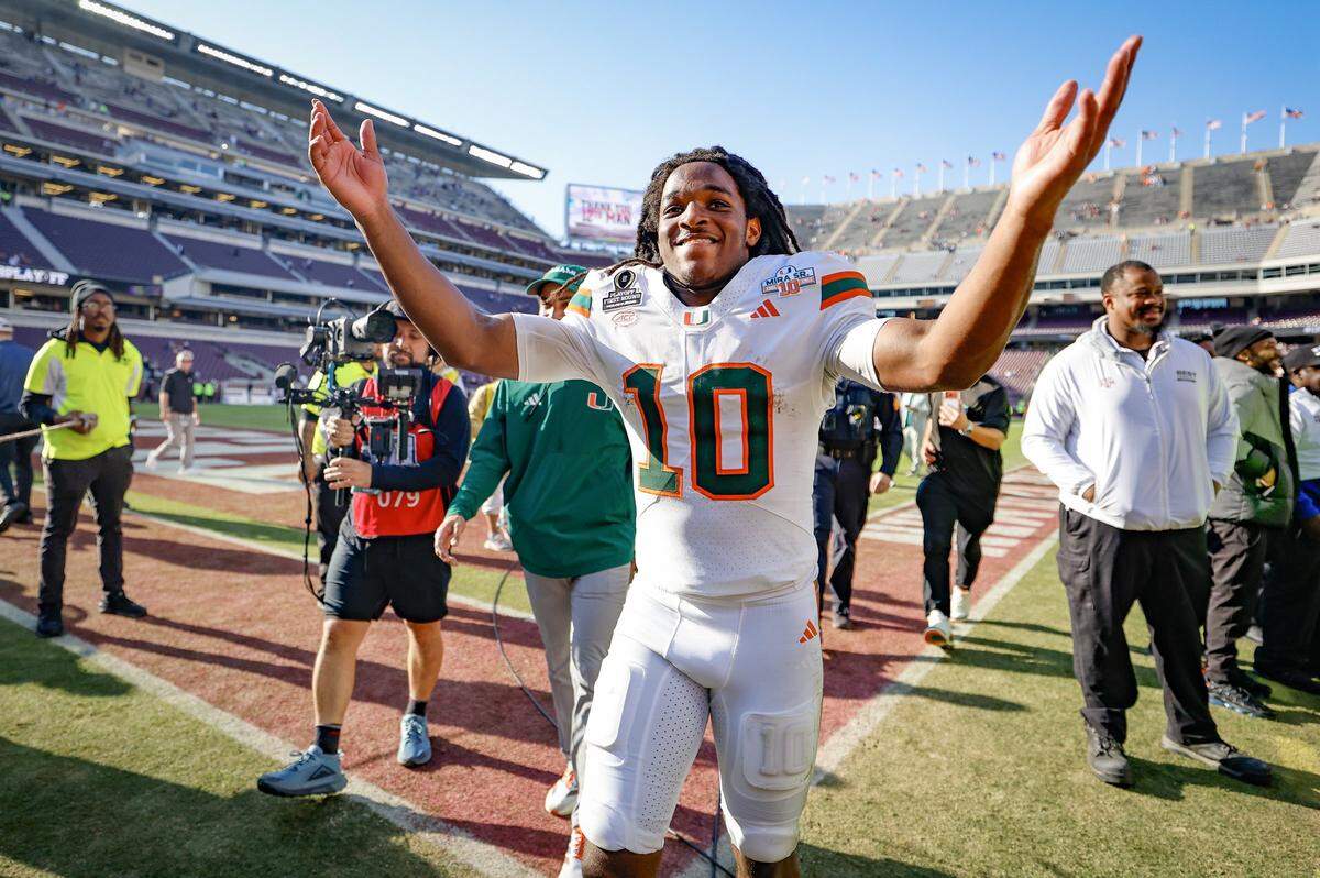 Miami Hurricanes wide receiver Malachi Toney (10) ceelbrates as he comes off the field after the Canes defeat Texas A&M Aggies in the first round of the 2025 College Football Playoff at Kyle Field at College Station, Texas, on Saturday, December 20, 2025.