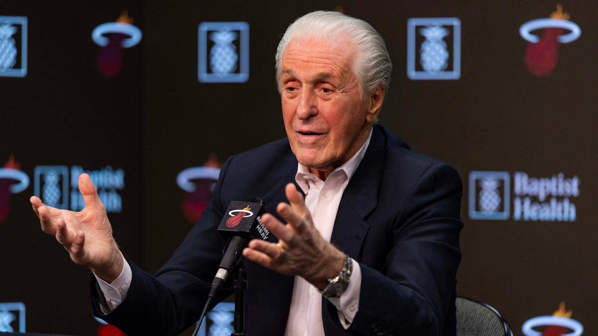 Miami Heat president Pat Riley speaks to the media during his season-ending press conference at Kaseya Center on May 9, 2025, in Miami.