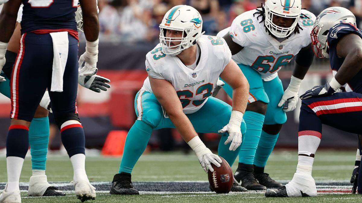 Miami Dolphins offensive center Michael Deiter during the first half of an NFL football game against the New England Patriots, Sunday, Sept. 12, 2021, in Foxborough, Mass. (AP Photo/Winslow Townson)