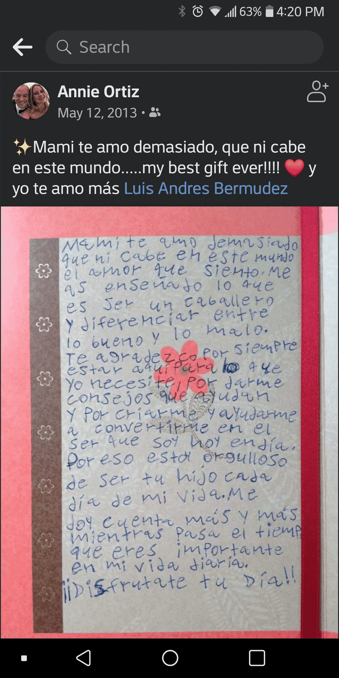 The message Luis Bermúdez wrote to his mother, Ana Ortiz, in 2013. Both perished in the Surfside building collapse, police say.
