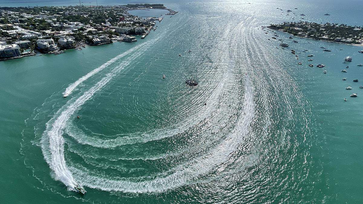 Race boats make a turn in Key West Harbor Friday, Nov. 11, 2022, during the first day of competition at the Race World Offshore Key West World Championship in Key West.