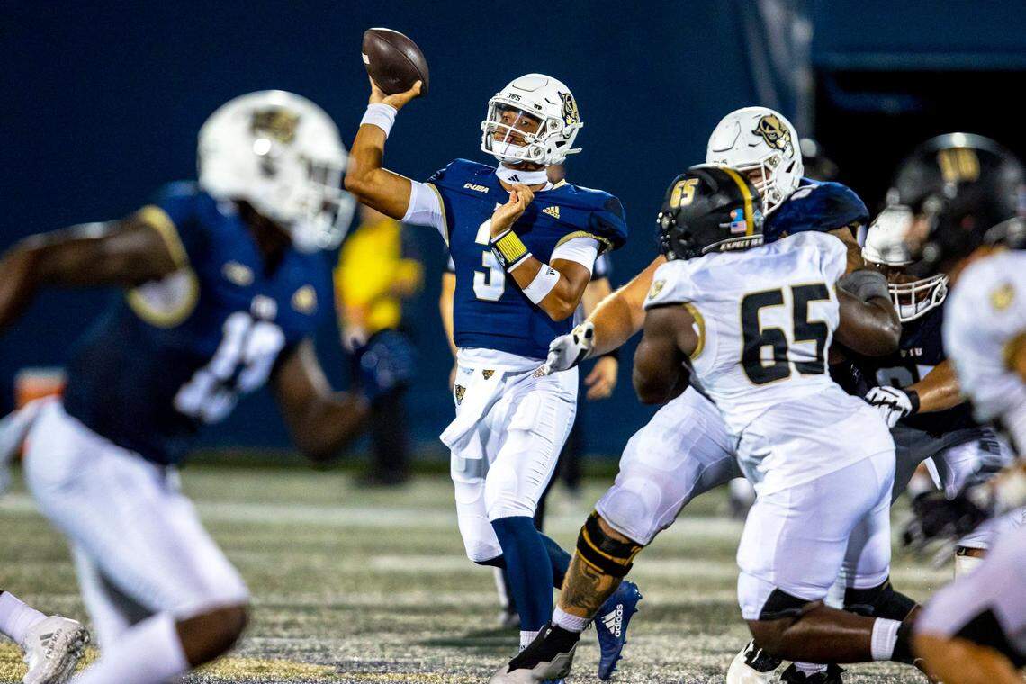 Florida International University quarterback Grayson James (3) throws the ball down field during the second half of an NCAA Conference USA football game against Bryant University at Riccardo Silva Stadium in Miami, Florida, on Thursday, September 1, 2022.