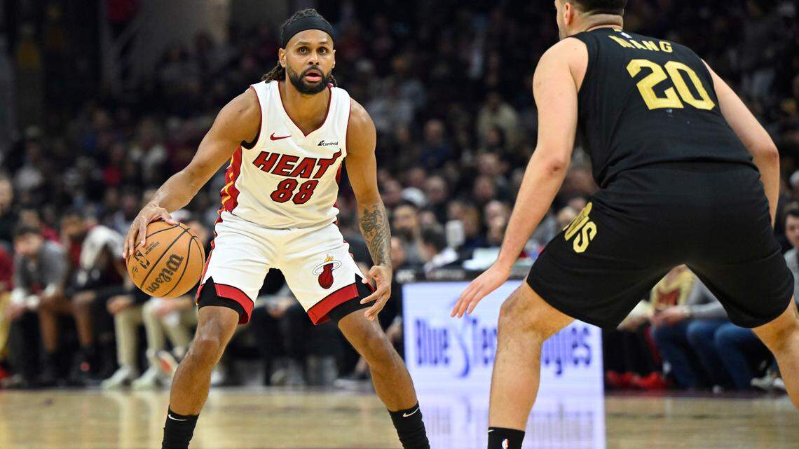 Mar 20, 2024; Cleveland, Ohio, USA; Miami Heat guard Patty Mills (88) dribbles the ball in the second quarter against the Cleveland Cavaliers at Rocket Mortgage FieldHouse.