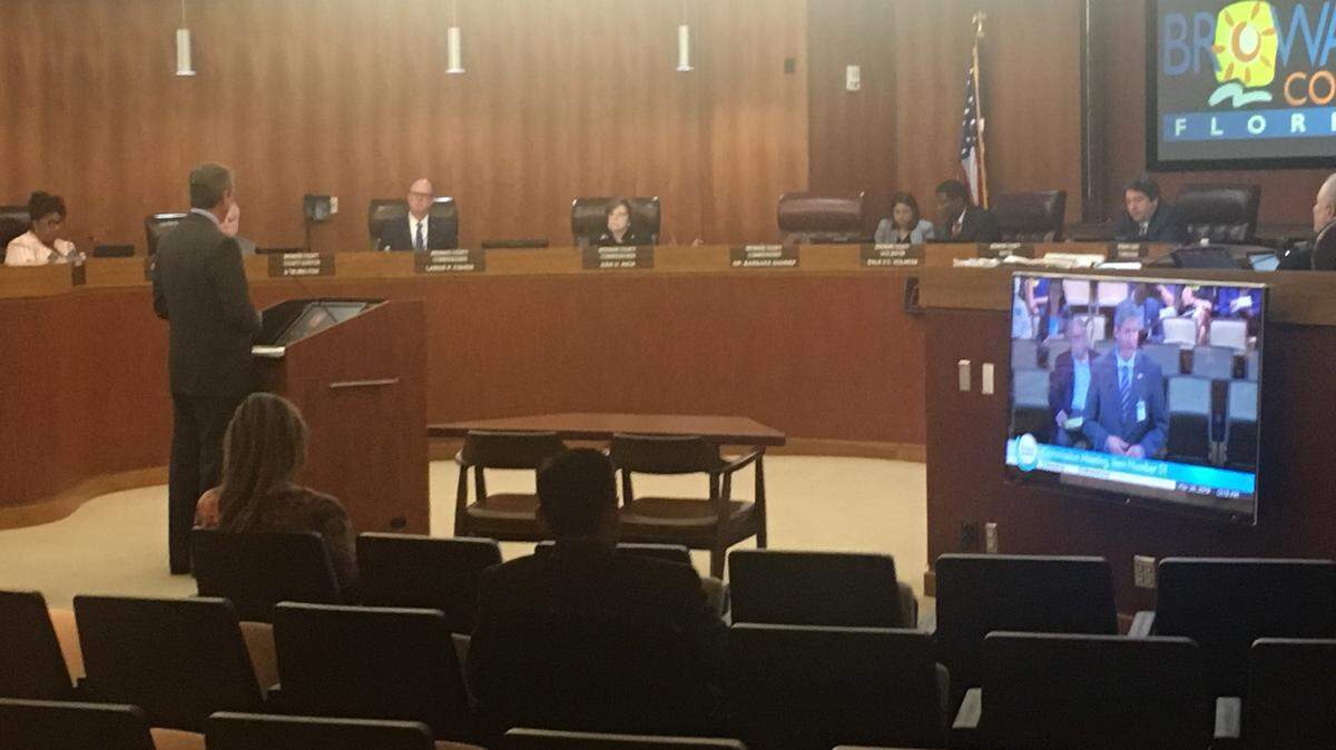 Pompano Beach Mayor Rex Hardin speaks to the Broward County Commission March 28, 2019, about staffing for hurricane shelters.