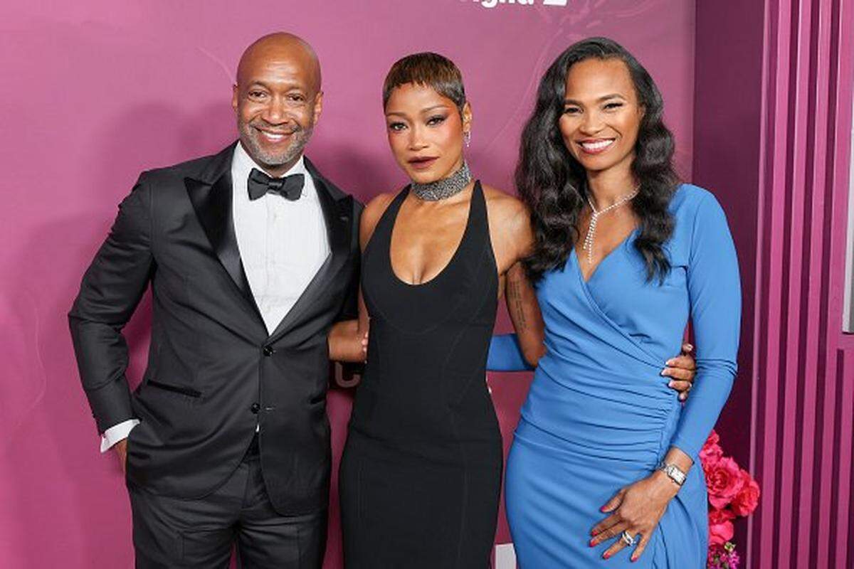 LOS ANGELES, CALIFORNIA - FEBRUARY 16: (L-R) Jeff Friday, Keke Palmer and Nicole Friday attend the 8th annual American Black Film Festival Honors at SLS Hotel, a Luxury Collection Hotel, Beverly Hills on February 16, 2026 in Los Angeles, California. (Photo by Frazer Harrison/Getty Images)