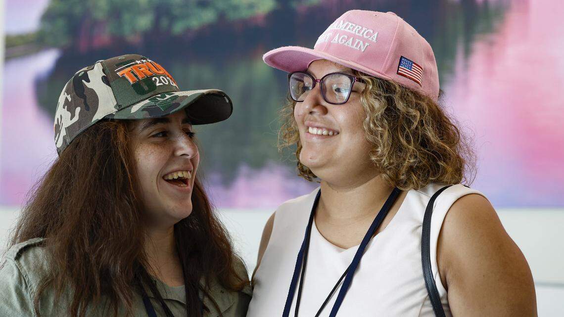 Cristen Lameira, at left, and Melissa Villalobos, at right, walk the halls as they attend Turning Point Action Conference at the Palm Beach County Convention Center in West Palm Beach, Florida, on Saturday, July 15, 2023.