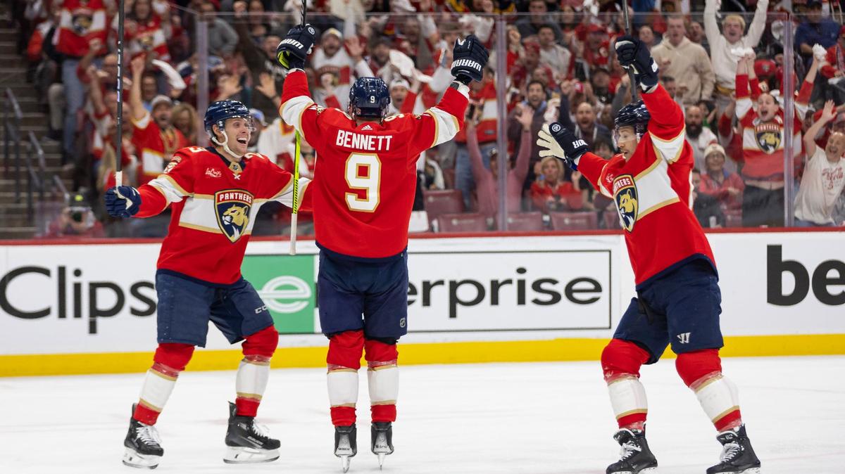 Florida Panthers center Sam Bennett (9) celebrates after scoring a goal against the Tampa Bay Lightning in the first period in Game 2 of the first-round of the 2024 Stanley Cup Playoffs at Amerant Bank Arena on Tuesday, April 23, 2024, in Sunrise, Fla.