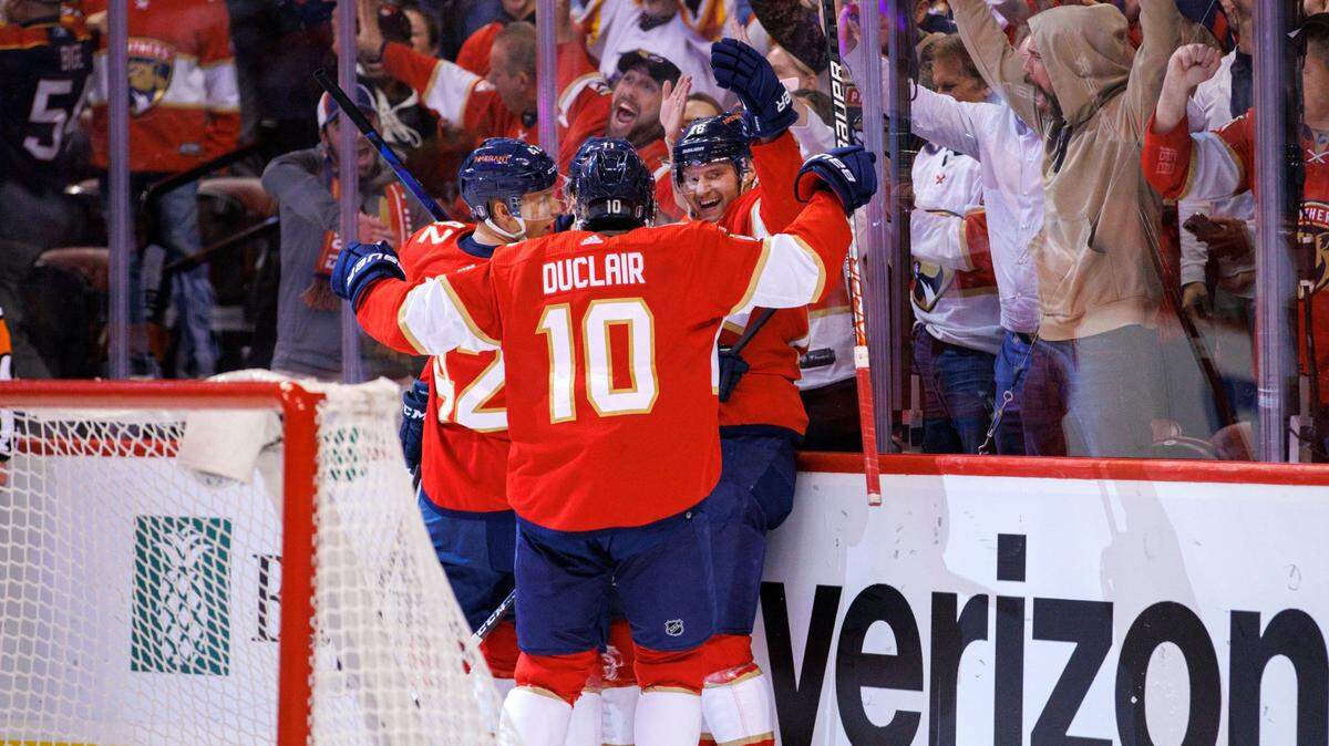 Florida Panthers center Aleksander Barkov (16) celebrate with teammates Jonathan Huberdeau (11) Gustav Forsling (42) and Anthony Duclair (10) after scoring a goal during the first period of Game 2 of a first round NHL Stanley Cup series against the Washington Capitals at FLA Live Arena on Thursday, May 5, 2022 in Sunrise, Fl.