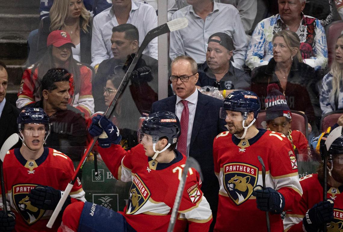 Florida Panthers Head Coach Paul Maurice yells int he direction of Florida Panthers center Eetu Luostarinen (27) while he gets on the ice during the third period of Game 3 of the Eastern Conference second-round NHL Stanley Cup series on Sunday, May 7, 2023, at FLA Live Arena. The score was tied 2-2 at the end of the third period.