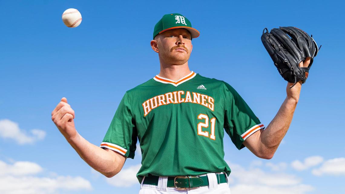 Miami Hurricanes pitcher Andrew Walters (21) is photographed during media day at Mark Light Field on Tuesday, Feb. 14, 2023, in Coral Gables, Fla.