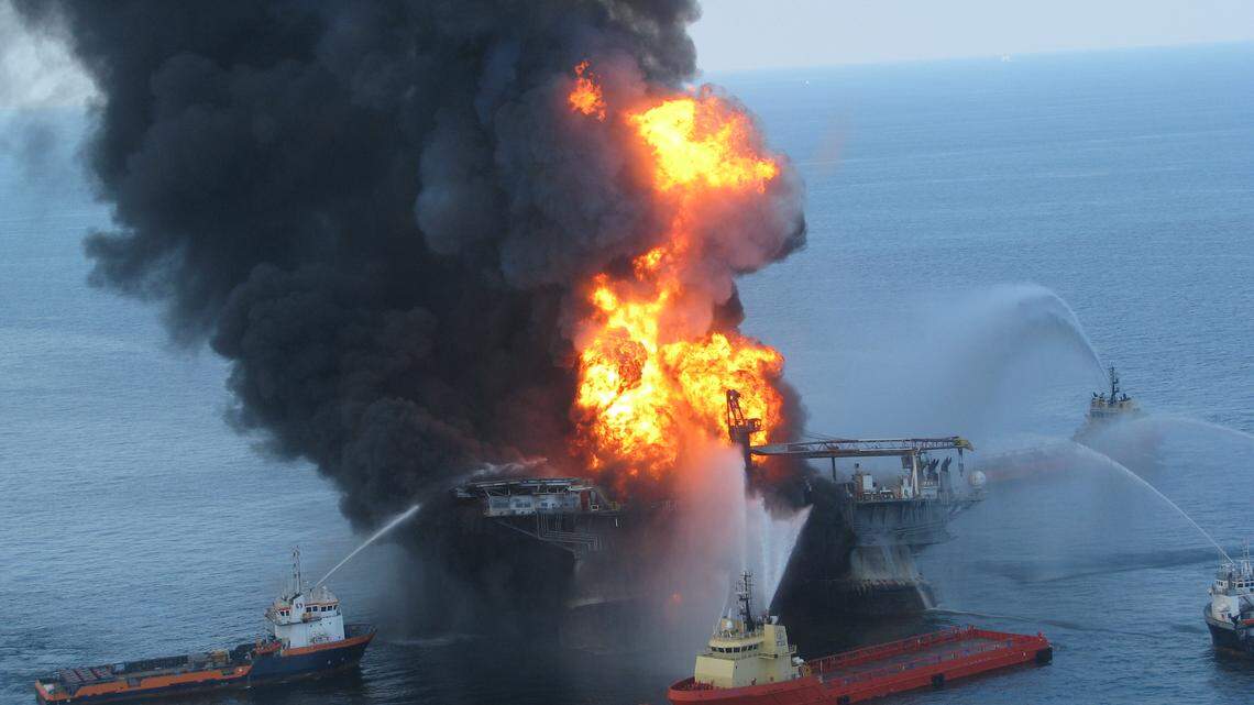 Rescue boats attempt to put out the blaze from the Deepwater Horizon oil rig after it exploded on April 20, 2010. The disaster became the worst marine oil spill in American history.