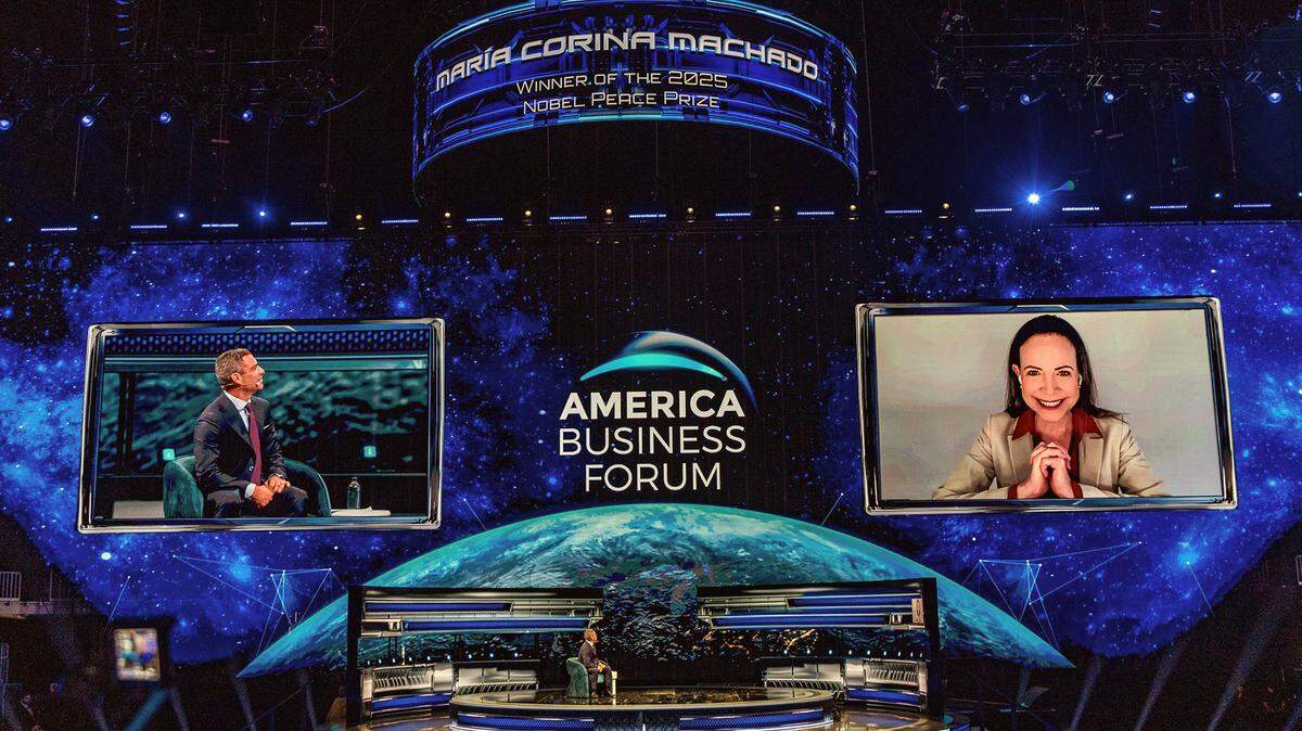 City of Miami Mayor Francis Suarez interviews via satellite Venezuelan opposition leader María Corina Machado, Winner of the 2025 Nobel Peace Prize, during the opening of the America Business Forum, inaugural U.S. edition, taking place November 5–6 at the Kaseya Center in Miami, on Wednesday November 05, 2025.
