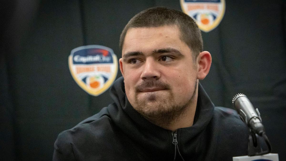 Dania Beach, FL- December 28, 2022 - Clemson defensive lineman, Bryan Bresee answers questions during a press conference at Le Meridian Dania Beach, 1825 Griffin Rd.