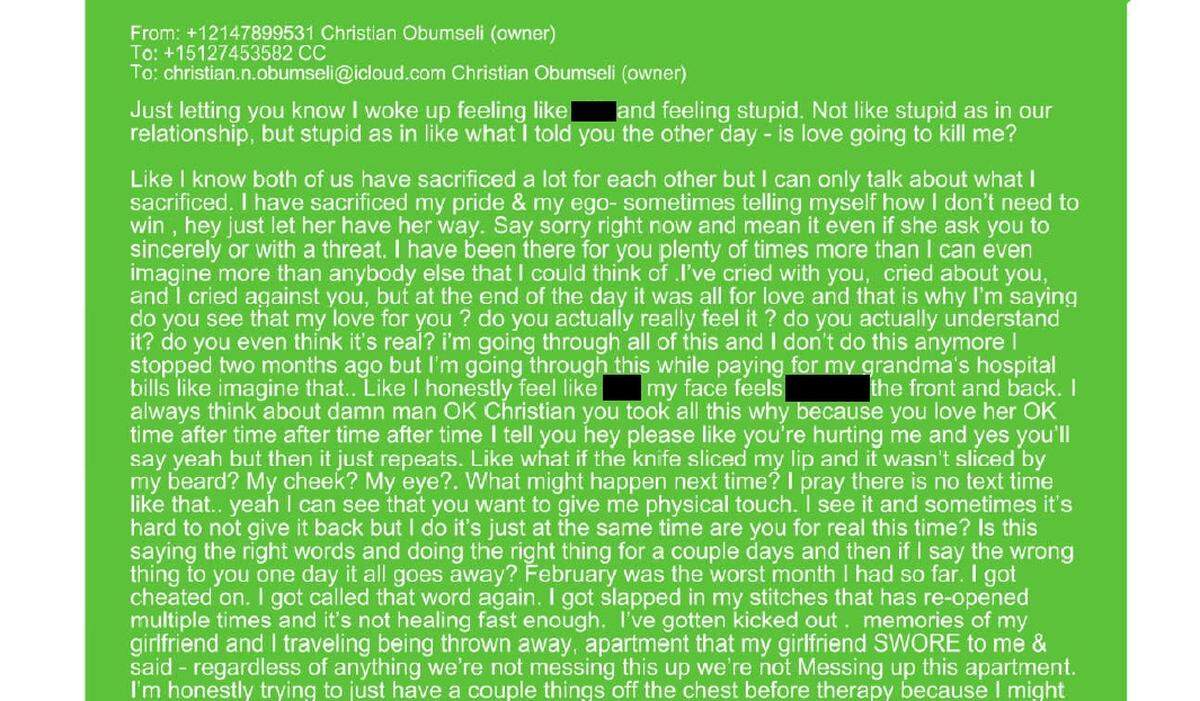 Un extracto de un mensaje de texto enviado por Christian Obumseli a su novia, Courtney Clenney. Los intercambios de mensajes son ahora una prueba en el caso contra Clenney, que está acusada de asesinar a Obumseli en Miami el 3 de abril de 2022.