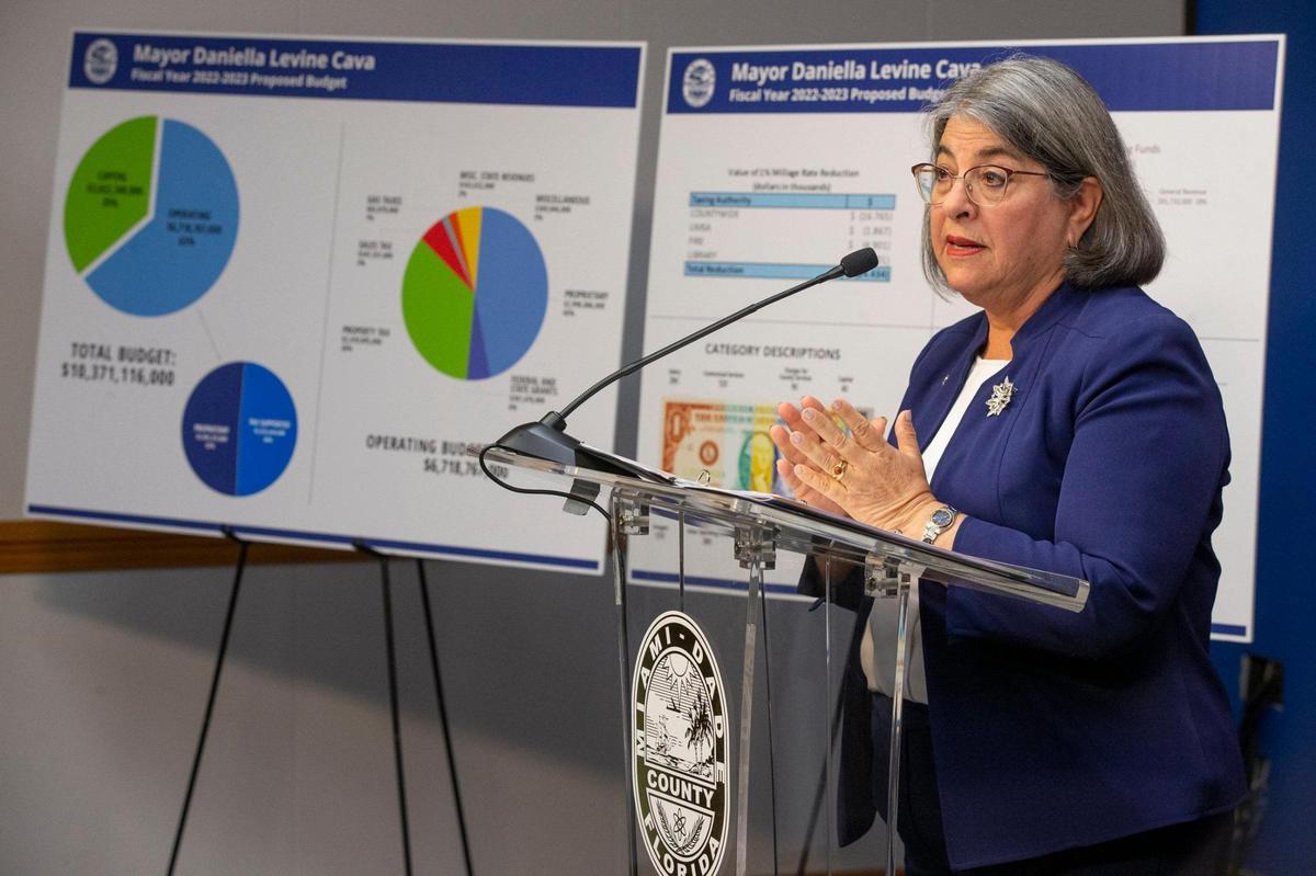 Mayor Daniella Levine Cava speaks to reporters after presenting her 2023 budget proposal at the Stephen P. Clark Government Center in Miami on Friday, July 15, 2022.