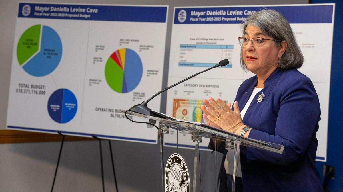 Mayor Daniella Levine Cava speaks to reporters on July 15, 2022 after presenting her 2023 budget proposal during a press conference at the Stephen P. Clark Government Center in Miami. Levine Cava plans to release her 2024 spending plan at a press conference on Monday, July 17, 2023.