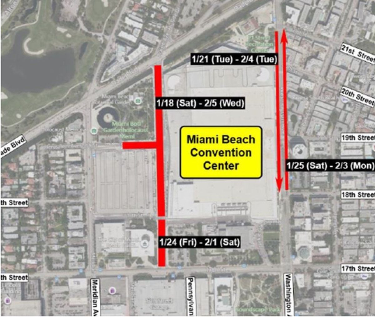 Drivers should expect to find road closures near the Miami Beach Convention Center through Super Bowl Sunday.