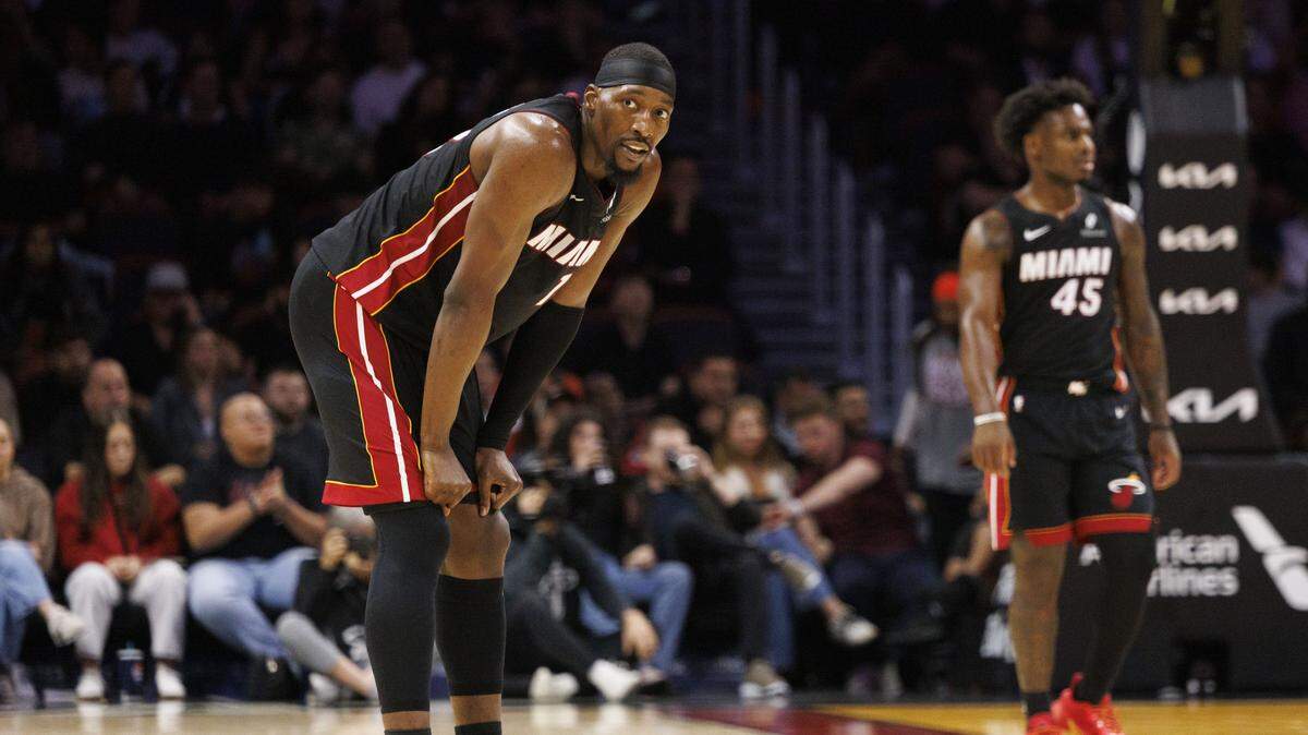 Miami Heat center Bam Adebayo (13) reacts during the second half of a game against the Toronto Raptors on Dec. 15, 2025, at the Kaseya Center in downtown Miami.
