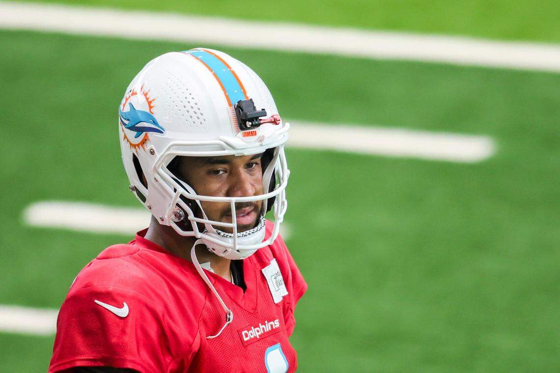 Miami Dolphins quarterback Tua Tagovailoa (1) looks on during team practice at Baptist Health Training Facility in Miami Gardens, Florida, Wednesday, August 30, 2023.