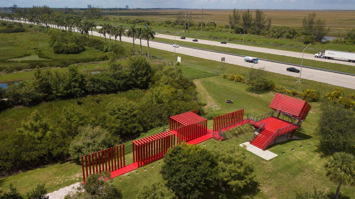 Fort Lauderdale architect Margi Glavovic Nothard’s public art installation Sunset Hammock at Sunset Point Park abutting Interestate 75 on the edge of the Everglades in Tamarac, Florida, on Friday, June 28, 2024.