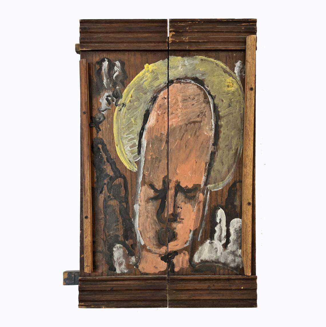 “Homage to Mona Lisa,” (undated), mixed media on wood, by Purvis Young (1943–2010).