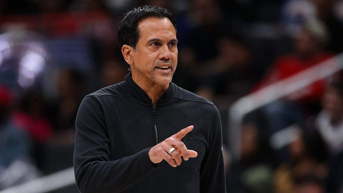 Head coach Erik Spoelstra of the Miami Heat reacts during the second half against the Miami Heat at Capital One Arena on April 10, 2026 in Washington, DC.