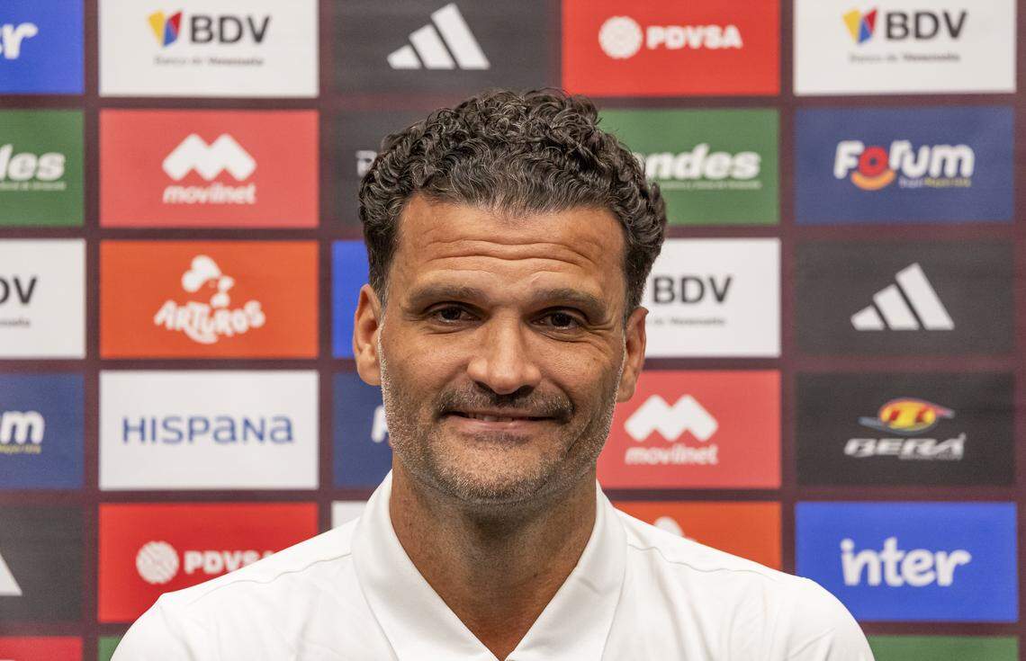 Venezuela interim head coach Oswaldo Vizcarrondo reacts during a press conference at the Hard Rock Stadium on Thursday, Oct. 9, 2025, in Miami Gardens, Fla. The press conference was held in anticipation of a friendly soccer match between Argentina and Venezuela at the stadium on Friday.