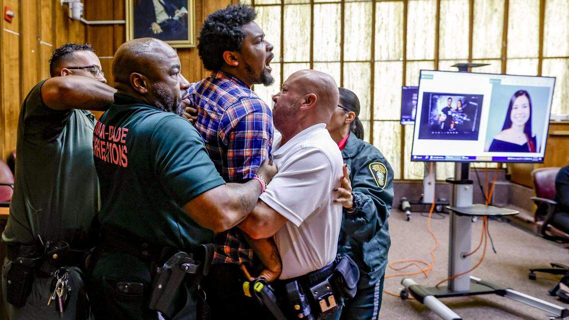 Adrian Cosby has to be restrained in a Miami-Dade courtroom late Friday, Oct. 25, 2024, after he was found guilty of murdering Andrea Camps-Lacayo, an 18-year-old student at Terra Environmental Research Institute in West Kendall. She was killed in 2020 in a botched robbery of expensive sneakers. Cosby leapt at Andrea’s father while he was reading a statement in court.