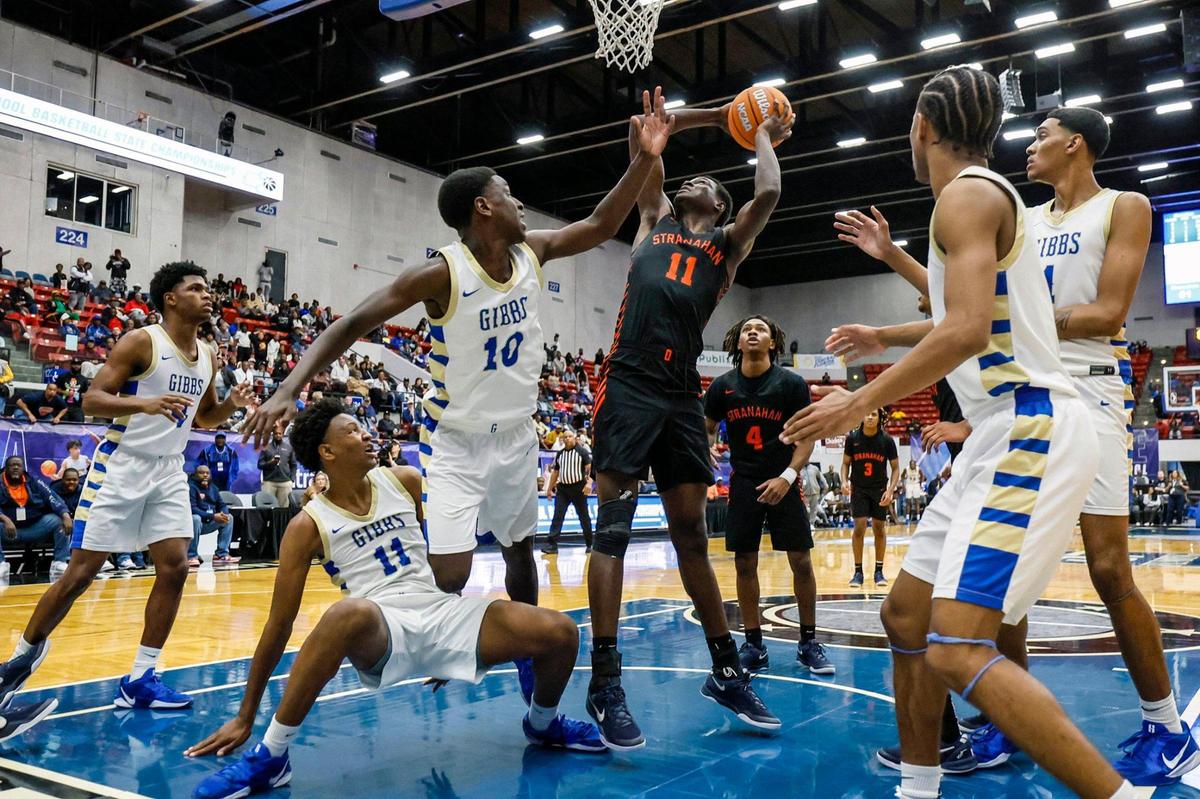Stranahan High School’s Isaiah Brown (11) scores the game winning basket against Gibbs High School in the final seconds of the game for the FHSAA Class 4A Boys High School Basketball State Championship.at the RP Funding Center in Lakeland, Florida on Thursday, March 6, 2025.