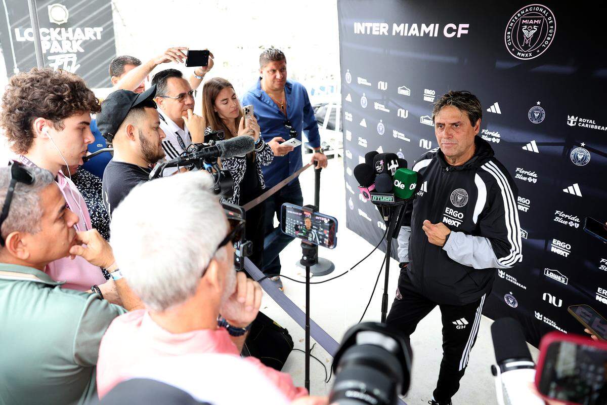 Head Coach Guillermo Hoyos of Inter Miami CF talks to the media prior to a training session at Florida Blue Training Center on April 15, 2026 in Fort Lauderdale, Florida. 