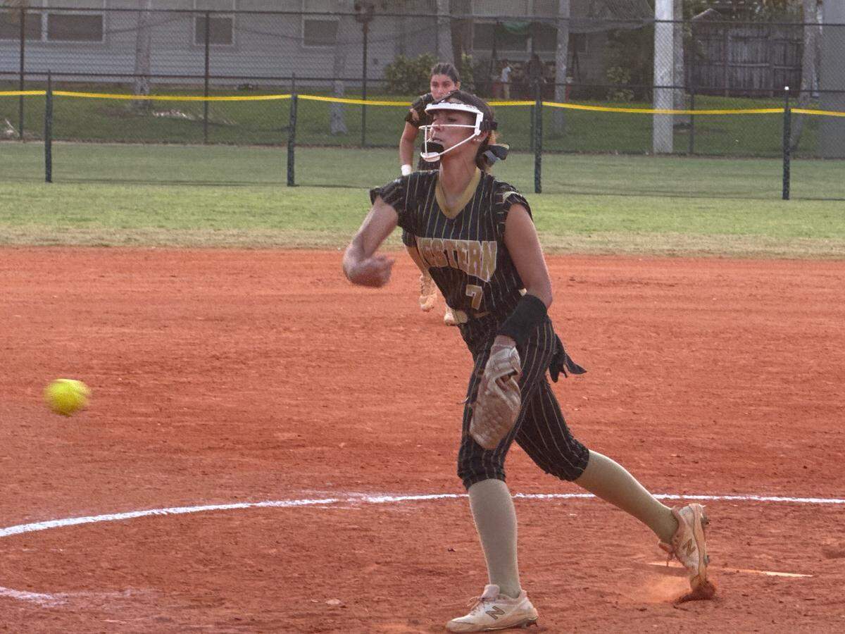 Western’s Ali Solo pitches during Wednesday night’s championship game of the BCAA Big 8 tournament at Pompano Beach Community Park.