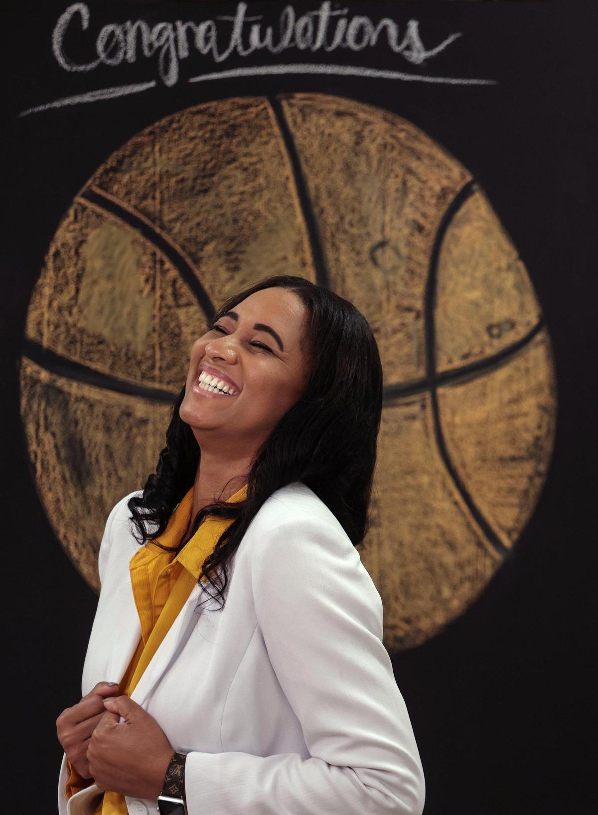 Former South Miami High student-athlete, coach, and now special education teacher Unethia Fox is a finalist for MDCPS Teacher of the Year. Unethia Fox is photographed outside her classroom on  Jan. 26, 2022.