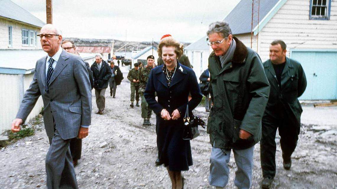 In 1983, Denis Thatcher, left, accompanied his wife, British Prime Minister Margaret Thatcher, on a tour of the Falkland Islands in 1983.