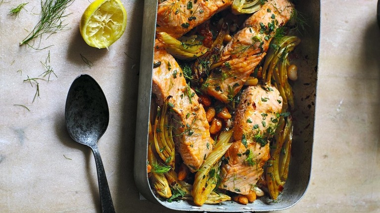 This easy Roasted Salmon uses fennel and harissa for a uniquely delicious flavor