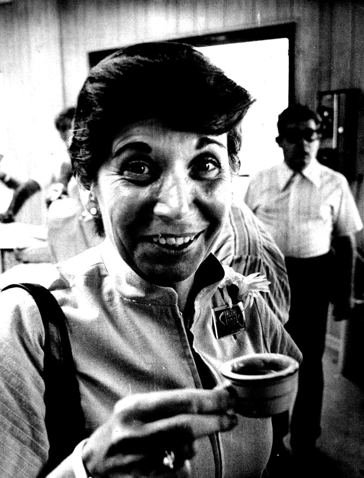 Ruth Shack trying Cuban coffee in 1976.