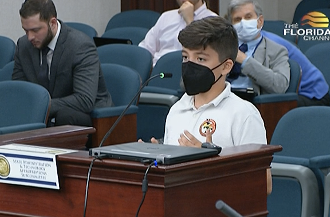 Marcel Borges, a student from G.W. Carver Middle School in Miami, spoke in opposition to HB 741, which slashes financial incentives for solar users. ‘My teacher tells me that the climate crisis will be our problem, so I ask you to help me today,’ he said. ‘Please stop this bill.’