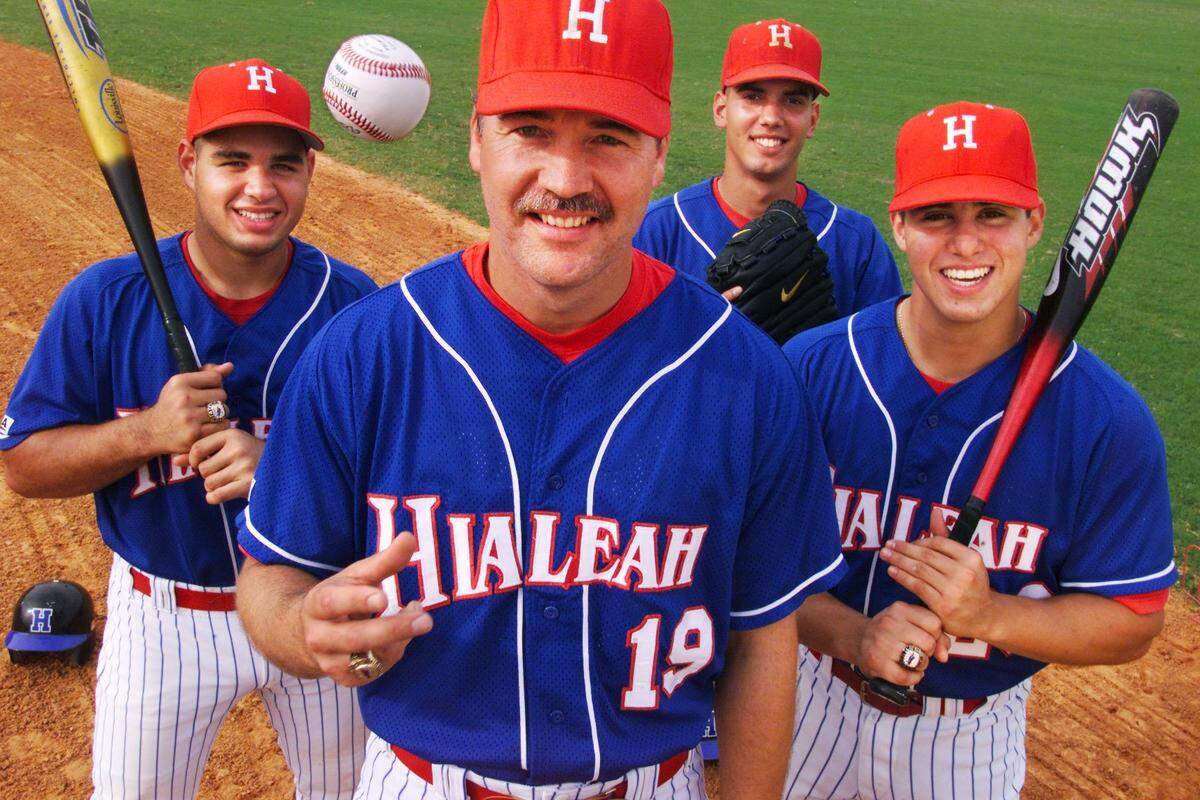 2/11/02 - Photo by Jared Lazarus/Herald staff - Defending state champs Hialeah High hope for one last run under Coach Richard Bielski, who is retiring after this season. From left, are seniors Jorge Mico (catcher), Camilo Vazquez (left-handed pitcher) and Yahmed Yema (centerfielder). Photo taken during practice at Milander Park on Monday.