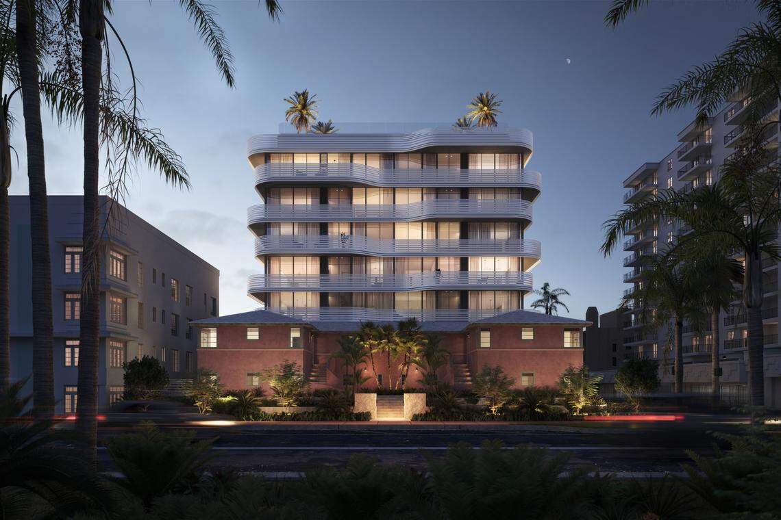 A historic 1936 Art Deco apartment house in Miami Beach will be lifted above flood levels and restored as part of a luxury condo redevelopment project. Its four apartments will be converted into two townhomes. A separate modern condo building, shown in this rendering, will rise behind it.