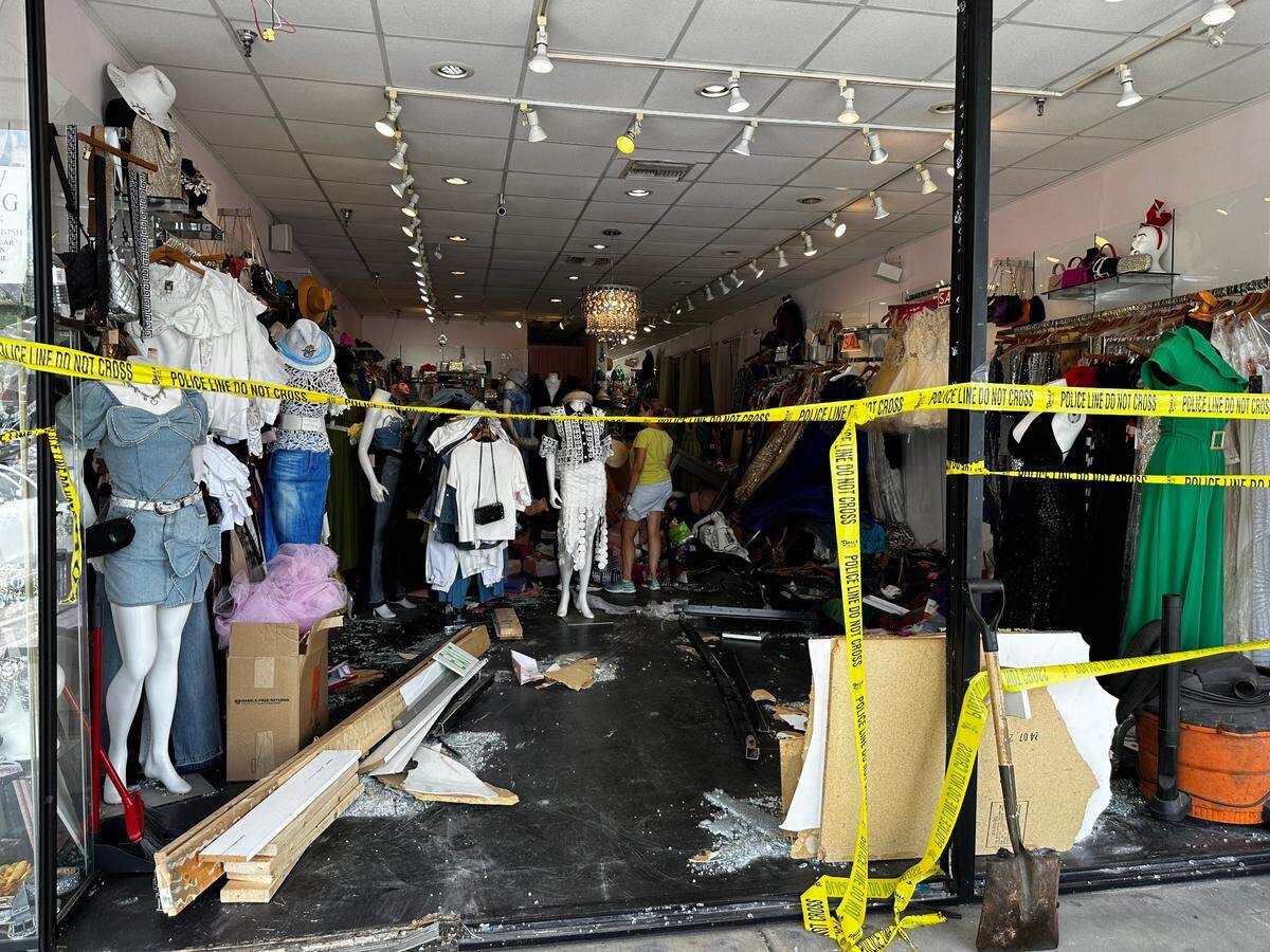 A 63-year-old woman crashed her car into JDO Couture Dress Shop in Aventura, Thursday morning Aug. 8.