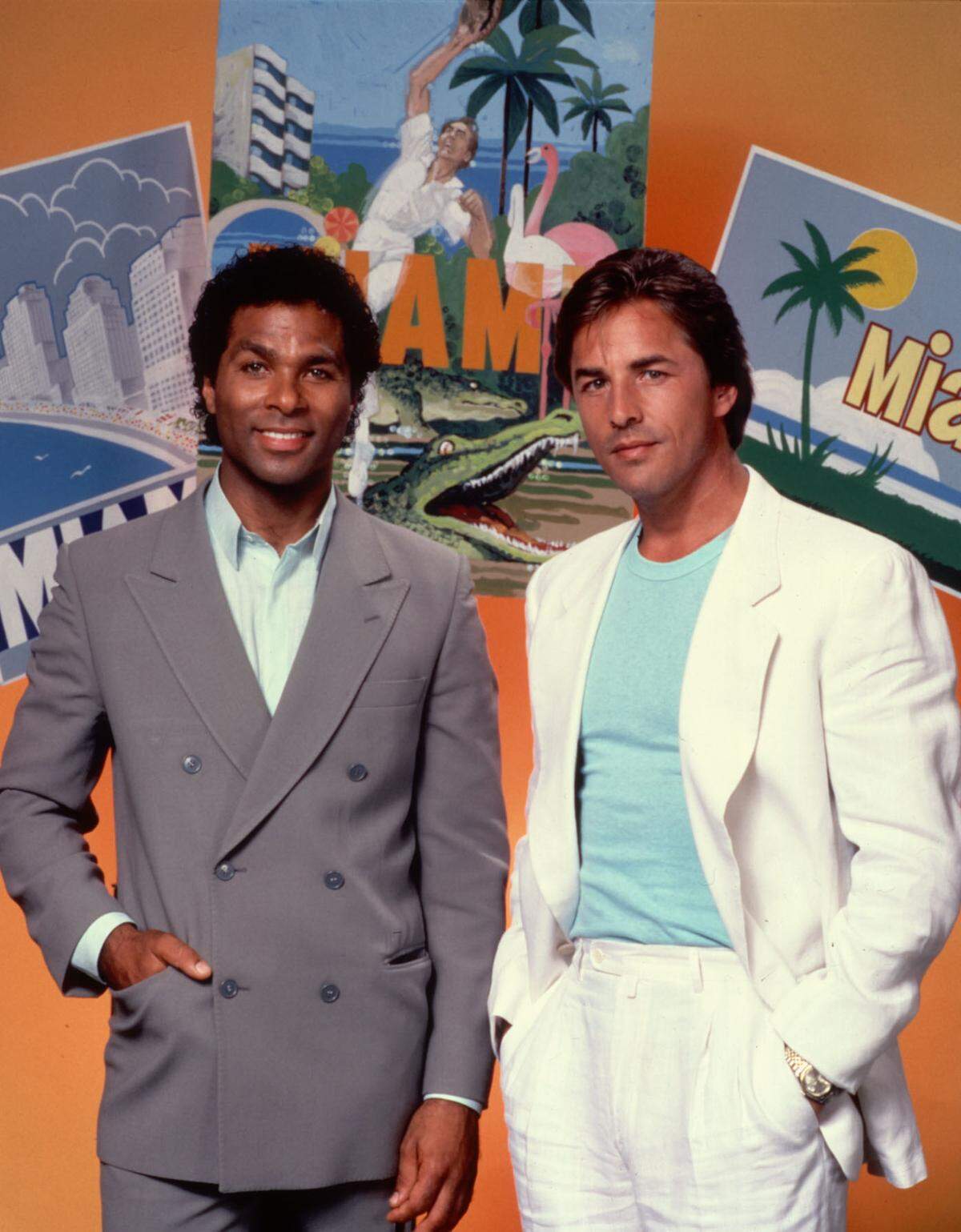 “Miami Vice” stars Philip Michael Thomas and Don Johnson in the early years of the 1984-1989 NBC crime drama.