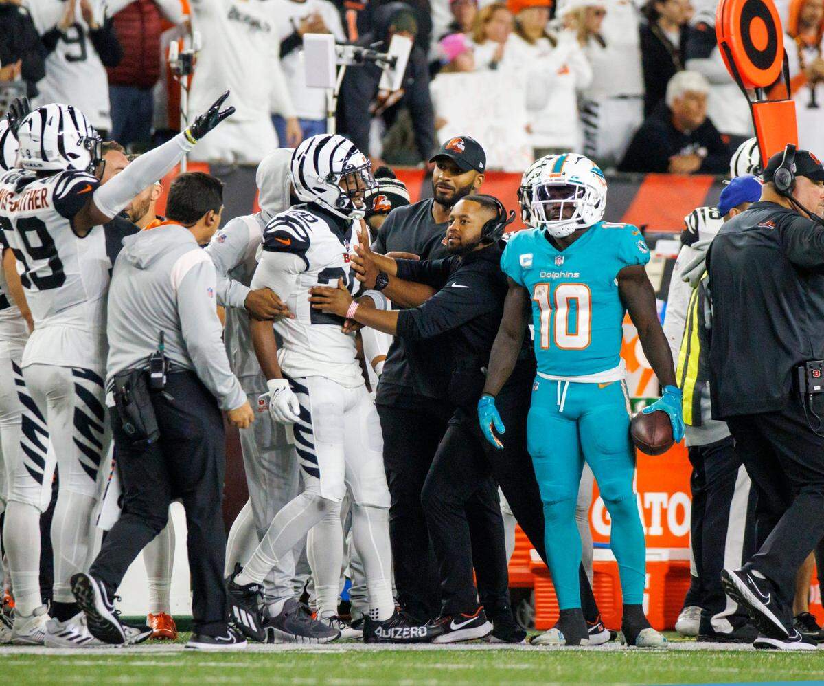 Cincinnati Bengals cornerback Eli Apple (20) reacts after Miami Dolphins wide receiver Tyreek Hill (10) is unable to a catch a pass during the fourth quarter of an NFL football game at Paycor Stadium on Thursday, September 29, 2022 in Cincinnati, Ohio.