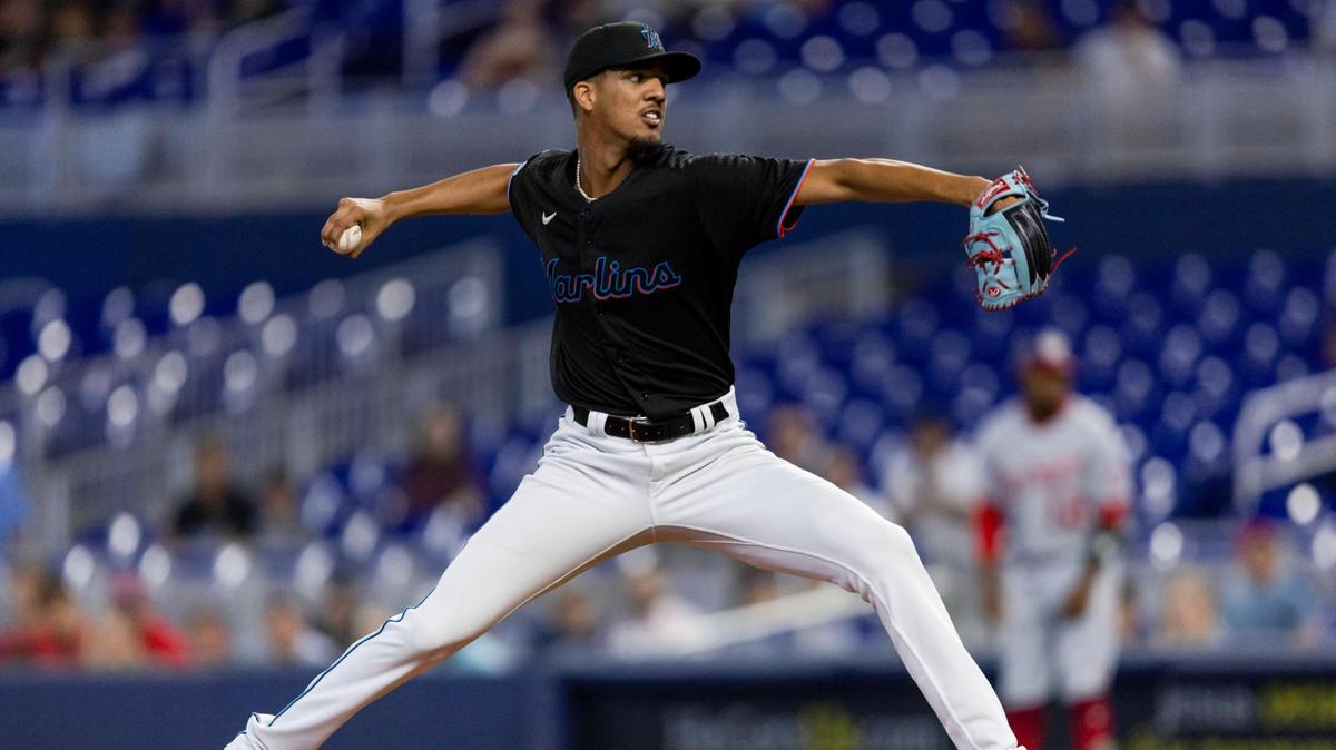 Miami Marlins pitcher Eury Perez (39) throws the ball during the first inning of an MLB game against the Washington Nationals at loanDepot park in the Little Havana neighborhood of Miami, Florida, on Thursday, May 18, 2023.