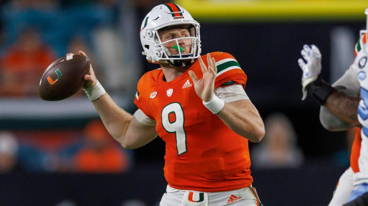 Miami Hurricanes quarterback Tyler Van Dyke (9) sets up to pass during the fourth quarter of an ACC conference football game against North Carolina Tar Heels at Hard Rock Stadium on Saturday, October 8, 2022 in Miami Gardens, Florida..